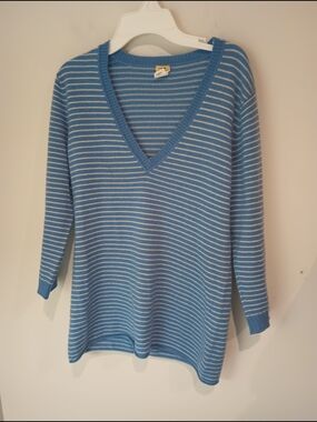 J. Crew Cashmere Sweater V Neck Striped Women Size Medium Blue White